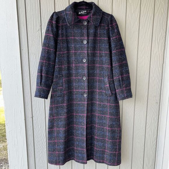 Vintage 70s Miss New Yorker Plaid Wool Blend Coat, Hot Pink Lining, Mod Chic - Picture 1 of 10